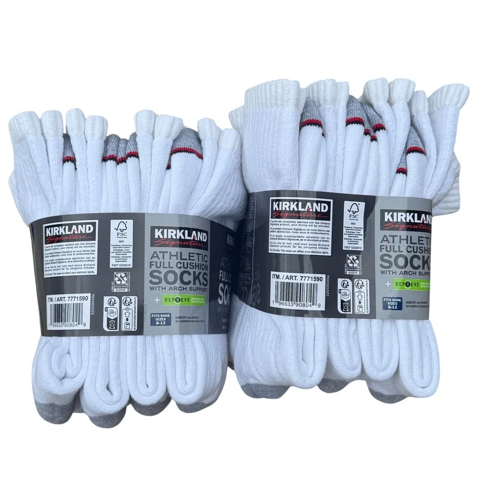 Kirkland Mens 8-12 Athletic Socks White 16 Pairs Full Cushion Arch Support Bulk
